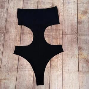 Edikted Black Ribbed Strapless Cutout One-Piece Bodysuit Medium